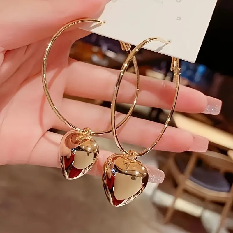 2026 New Heart Pendant Drop Earrings for Women Fashion Gold Color Design Exaggerate Big Circle Hoops Earring Korean Jewelry Gift