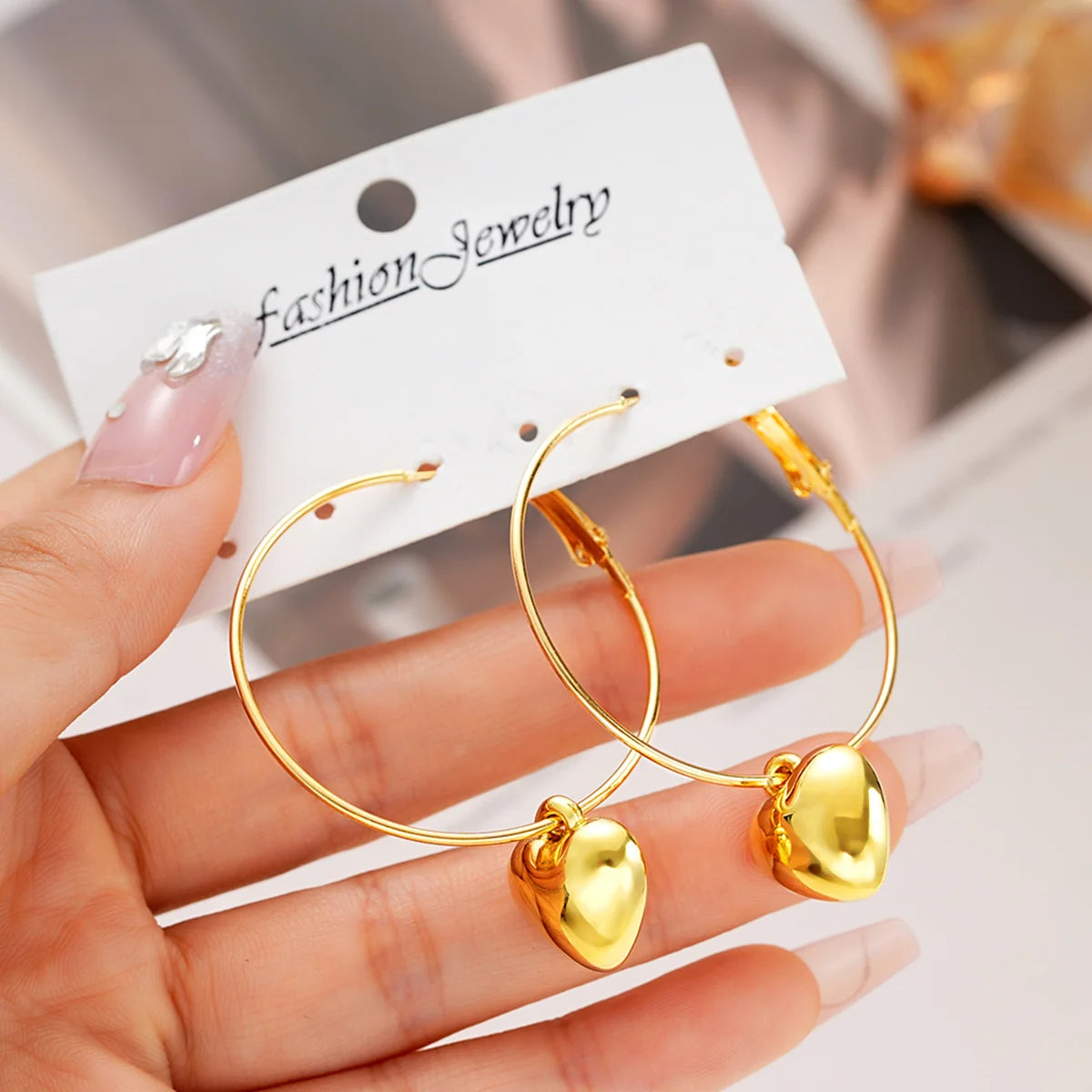 2026 New Heart Pendant Drop Earrings for Women Fashion Gold Color Design Exaggerate Big Circle Hoops Earring Korean Jewelry Gift